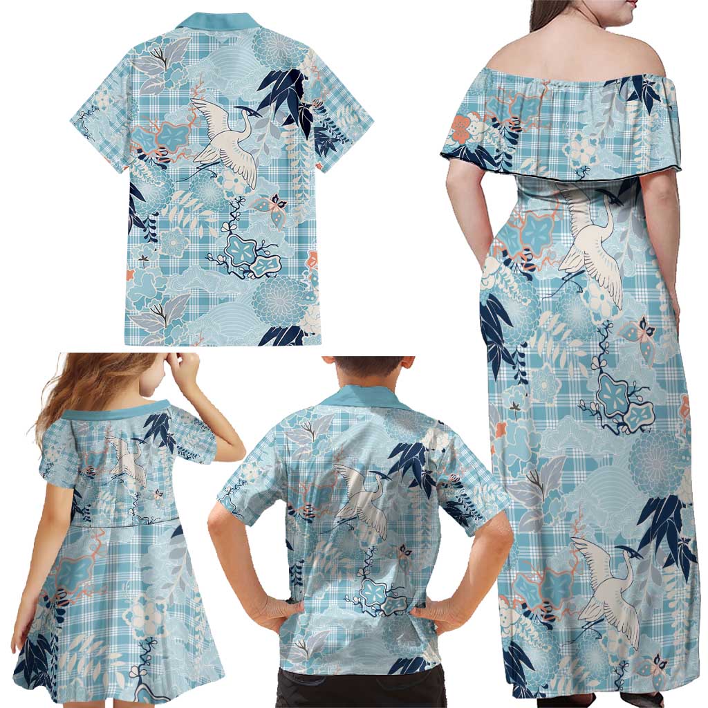 Blue Palaka Crane and Flowers Family Matching Off Shoulder Maxi Dress and Hawaiian Shirt Japan Heritage Spirit LT9 - Polynesian Pride