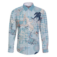 Blue Palaka Crane and Flowers Family Matching Off Shoulder Maxi Dress and Hawaiian Shirt Japan Heritage Spirit LT9 Dad's Shirt - Long Sleeve Blue - Polynesian Pride