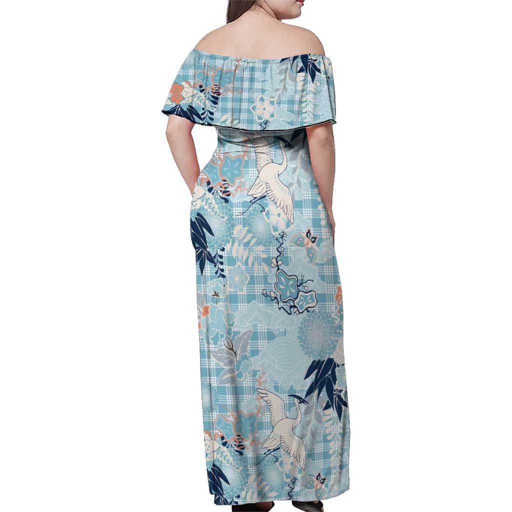 Blue Palaka Crane and Flowers Family Matching Off Shoulder Maxi Dress and Hawaiian Shirt Japan Heritage Spirit LT9 - Polynesian Pride