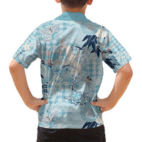 Blue Palaka Crane and Flowers Family Matching Off Shoulder Short Dress and Hawaiian Shirt Japan Heritage Spirit LT9 - Polynesian Pride