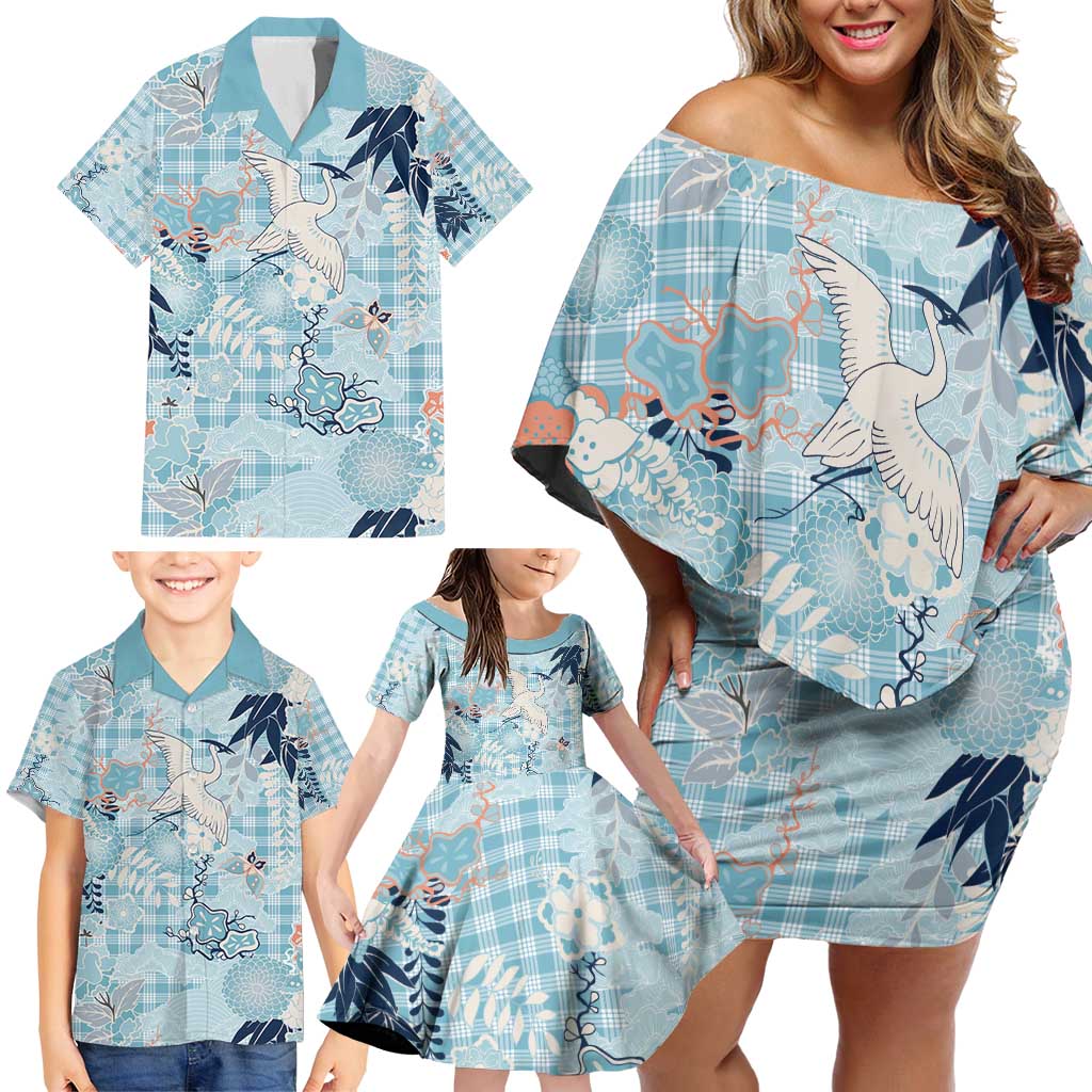 Blue Palaka Crane and Flowers Family Matching Off Shoulder Short Dress and Hawaiian Shirt Japan Heritage Spirit LT9 - Polynesian Pride