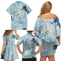 Blue Palaka Crane and Flowers Family Matching Off Shoulder Short Dress and Hawaiian Shirt Japan Heritage Spirit LT9 - Polynesian Pride