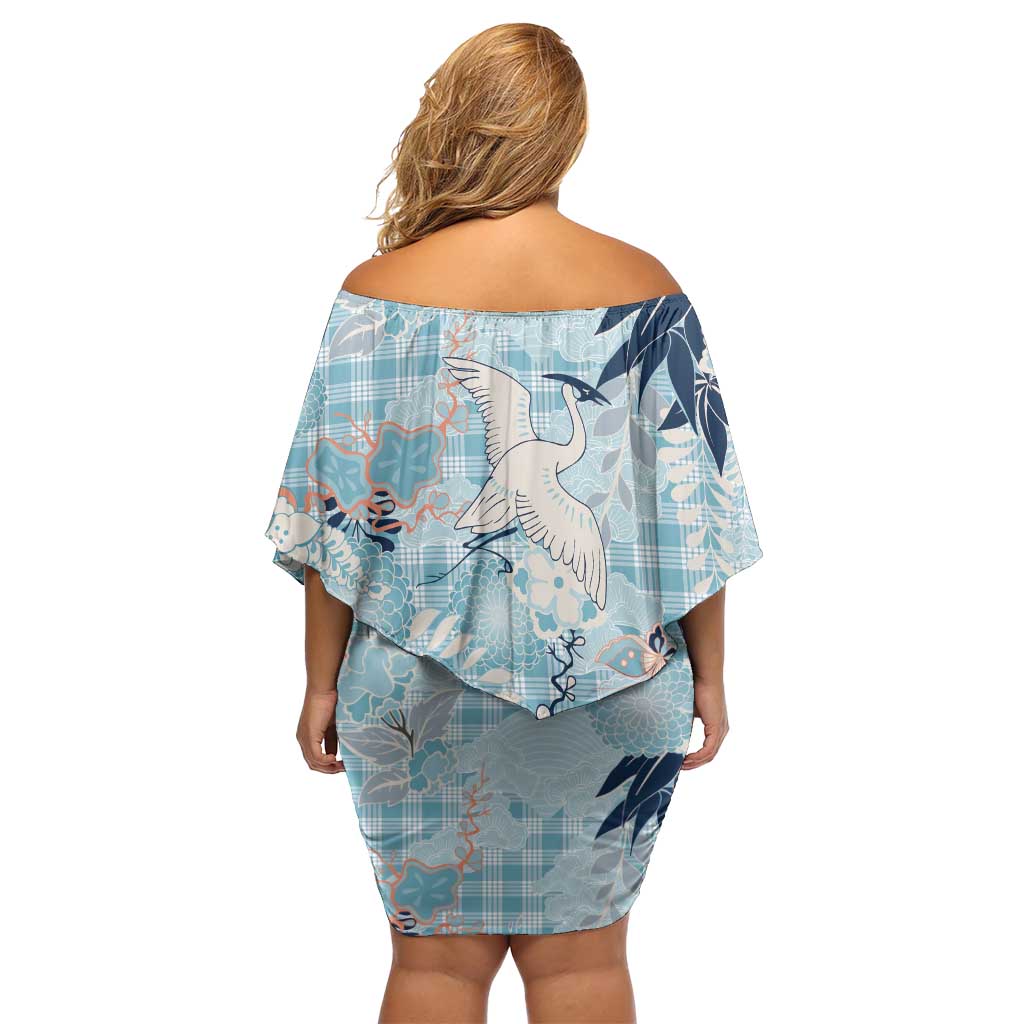 Blue Palaka Crane and Flowers Family Matching Off Shoulder Short Dress and Hawaiian Shirt Japan Heritage Spirit LT9 - Polynesian Pride