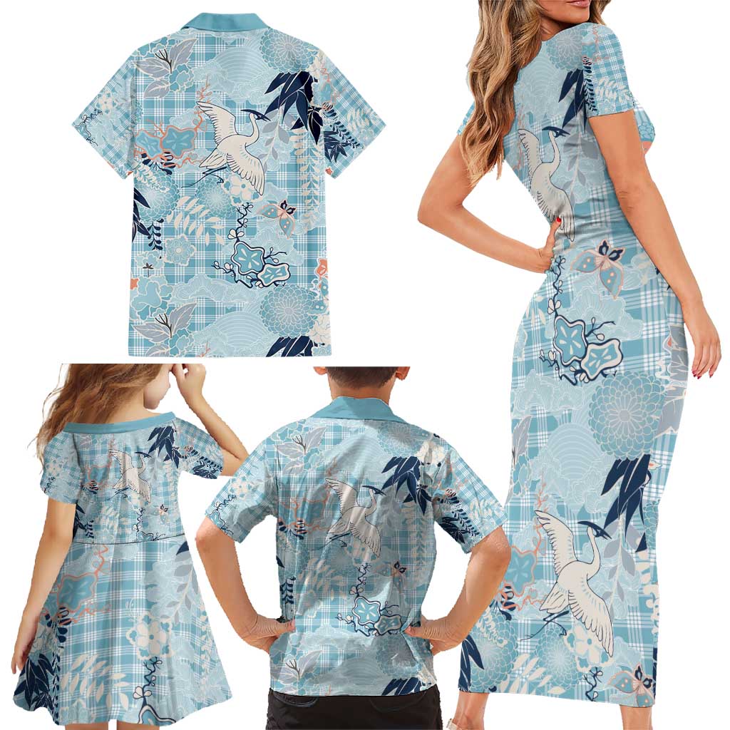 Blue Palaka Crane and Flowers Family Matching Short Sleeve Bodycon Dress and Hawaiian Shirt Japan Heritage Spirit LT9 - Polynesian Pride