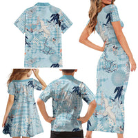 Blue Palaka Crane and Flowers Family Matching Short Sleeve Bodycon Dress and Hawaiian Shirt Japan Heritage Spirit LT9 - Polynesian Pride