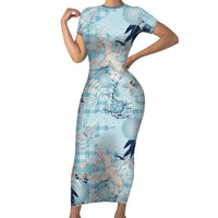 Blue Palaka Crane and Flowers Family Matching Short Sleeve Bodycon Dress and Hawaiian Shirt Japan Heritage Spirit LT9 Mom's Dress Blue - Polynesian Pride
