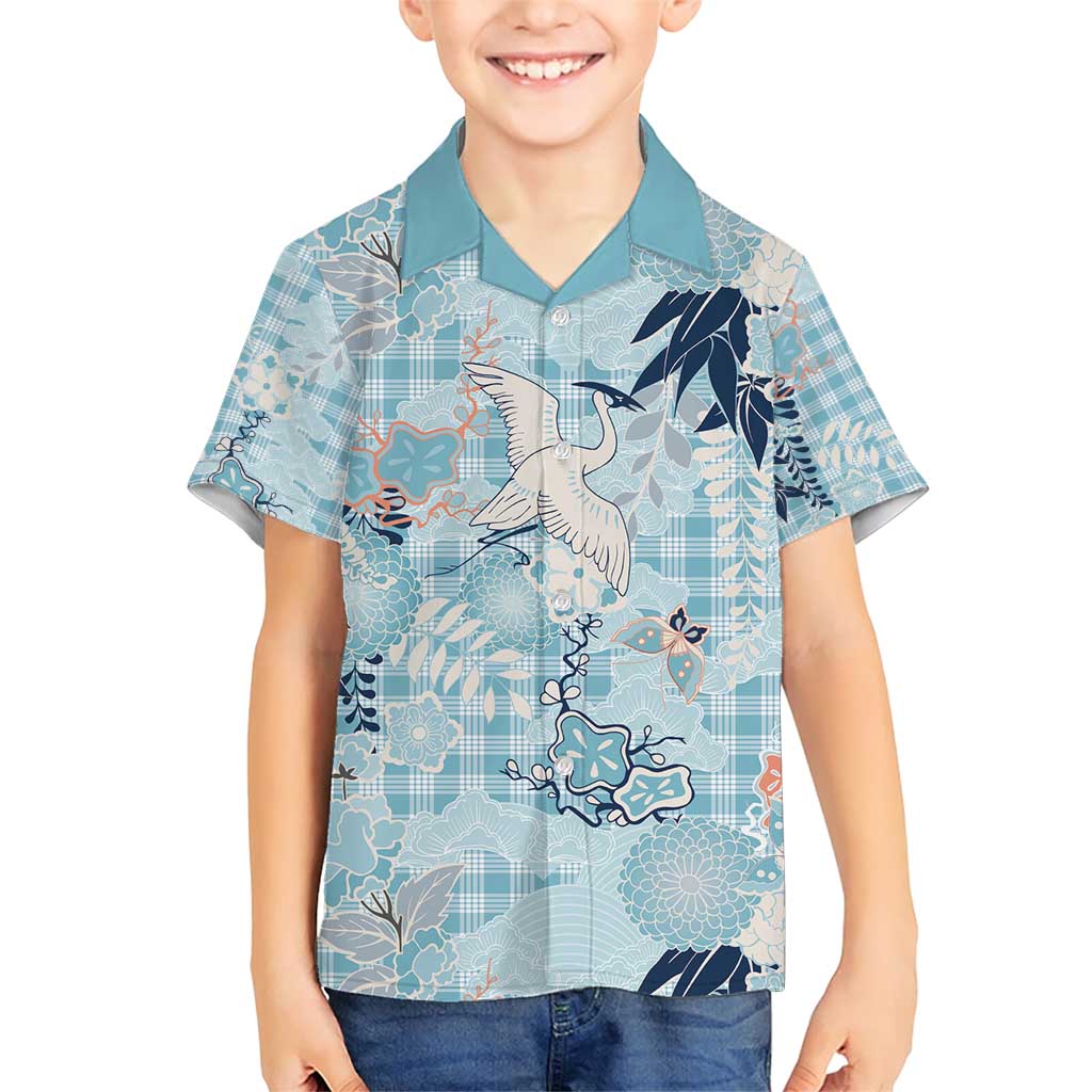 Blue Palaka Crane and Flowers Family Matching Short Sleeve Bodycon Dress and Hawaiian Shirt Japan Heritage Spirit LT9 Son's Shirt Blue - Polynesian Pride