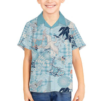 Blue Palaka Crane and Flowers Family Matching Short Sleeve Bodycon Dress and Hawaiian Shirt Japan Heritage Spirit LT9 Son's Shirt Blue - Polynesian Pride