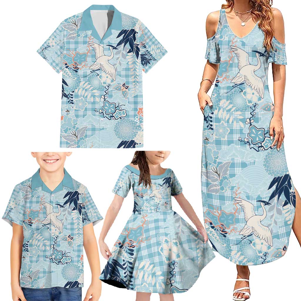 Blue Palaka Crane and Flowers Family Matching Summer Maxi Dress and Hawaiian Shirt Japan Heritage Spirit LT9 - Polynesian Pride