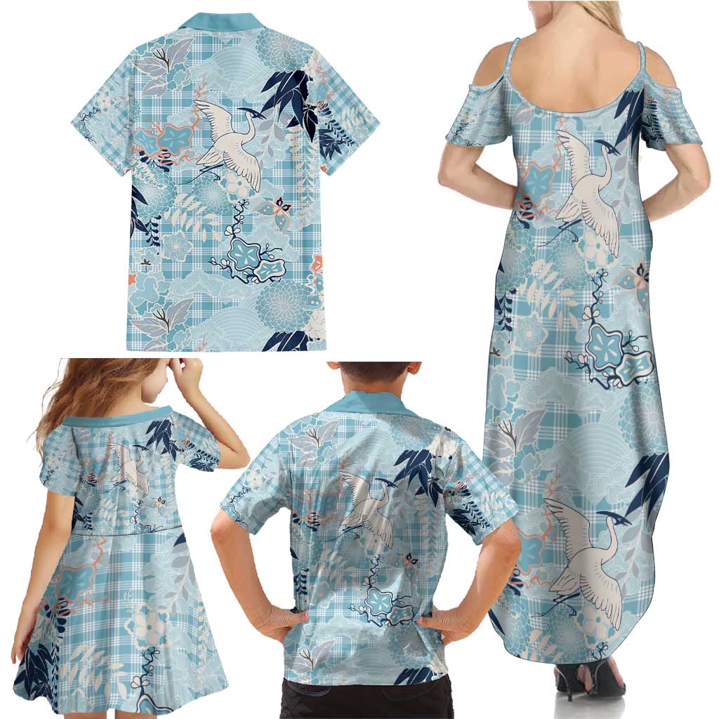 Blue Palaka Crane and Flowers Family Matching Summer Maxi Dress and Hawaiian Shirt Japan Heritage Spirit LT9 - Polynesian Pride