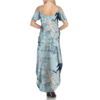 Blue Palaka Crane and Flowers Family Matching Summer Maxi Dress and Hawaiian Shirt Japan Heritage Spirit LT9 - Polynesian Pride