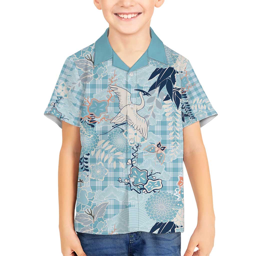 Blue Palaka Crane and Flowers Family Matching Summer Maxi Dress and Hawaiian Shirt Japan Heritage Spirit LT9 Son's Shirt Blue - Polynesian Pride