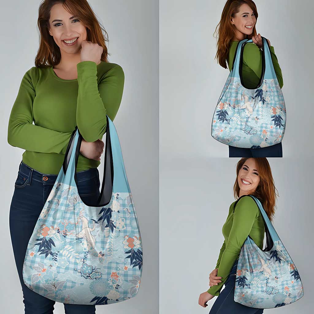 Blue Palaka Crane and Flowers Grocery Bag Japan Heritage Spirit - Polynesian Pride