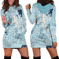 Blue Palaka Crane and Flowers Hoodie Dress Japan Heritage Spirit LT9 - Polynesian Pride