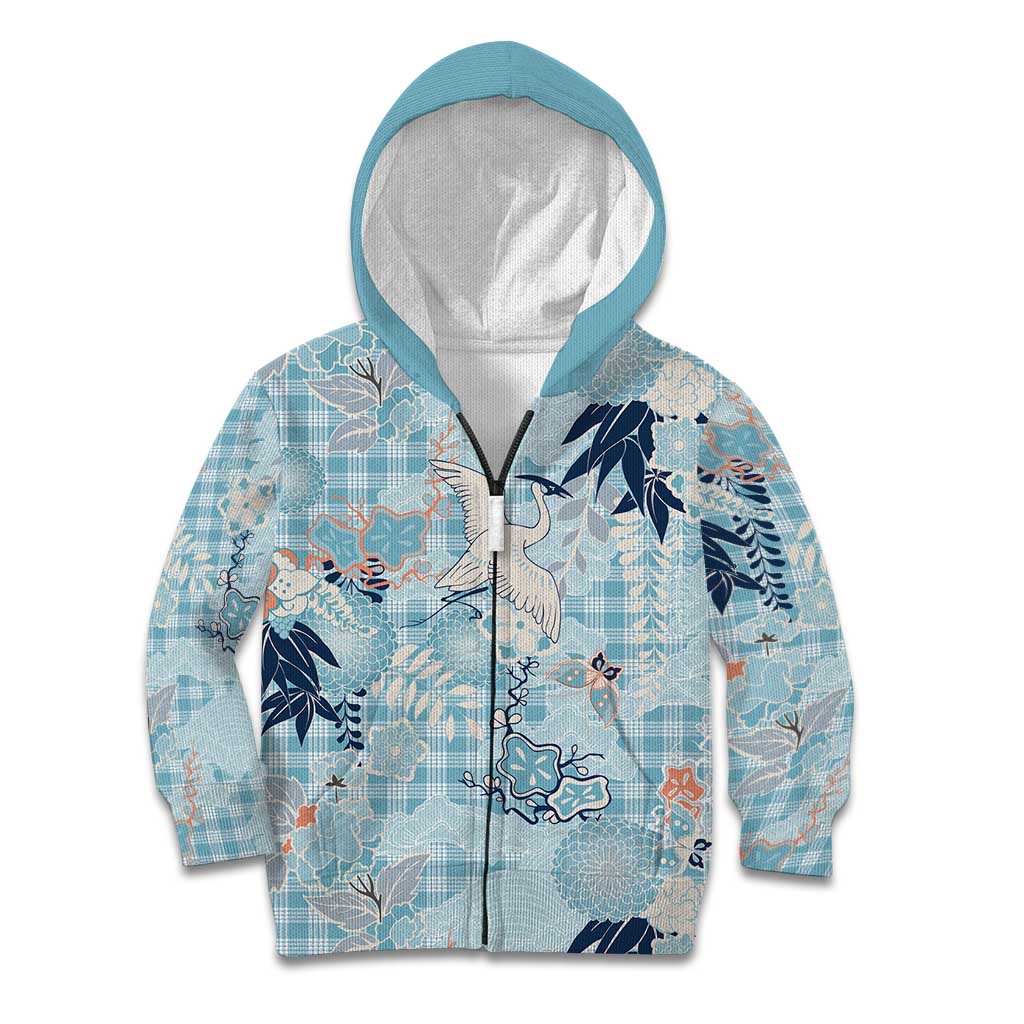 Blue Palaka Crane and Flowers Kid Hoodie Japan Heritage Spirit - Polynesian Pride
