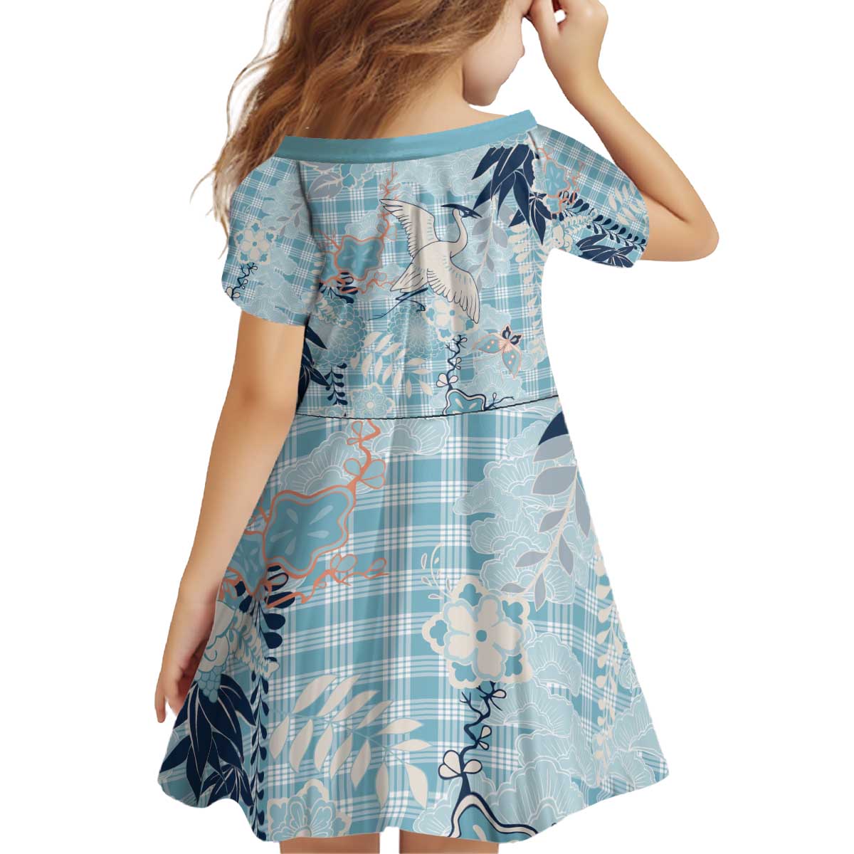 Blue Palaka Crane and Flowers Kid Short Sleeve Dress Japan Heritage Spirit LT9 - Polynesian Pride