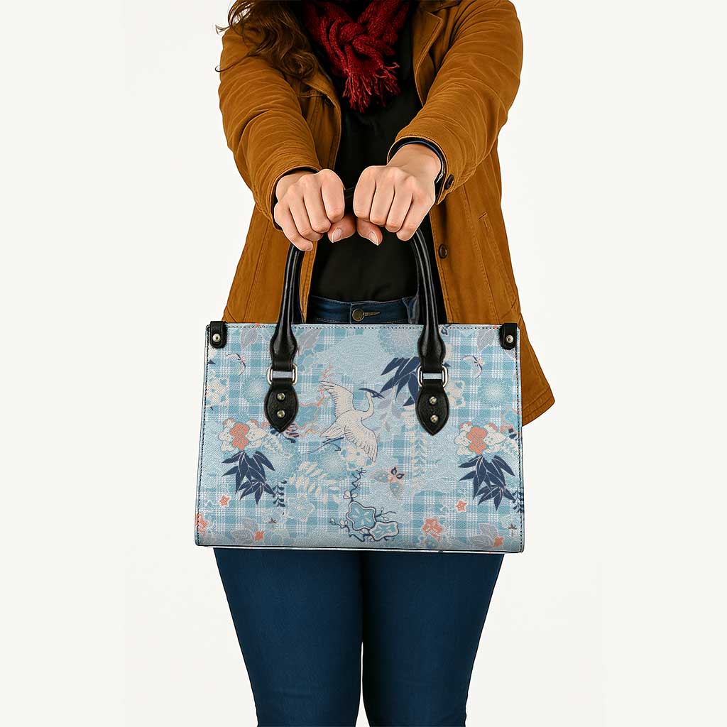 Blue Palaka Crane and Flowers Leather Bag Japan Heritage Spirit - Polynesian Pride