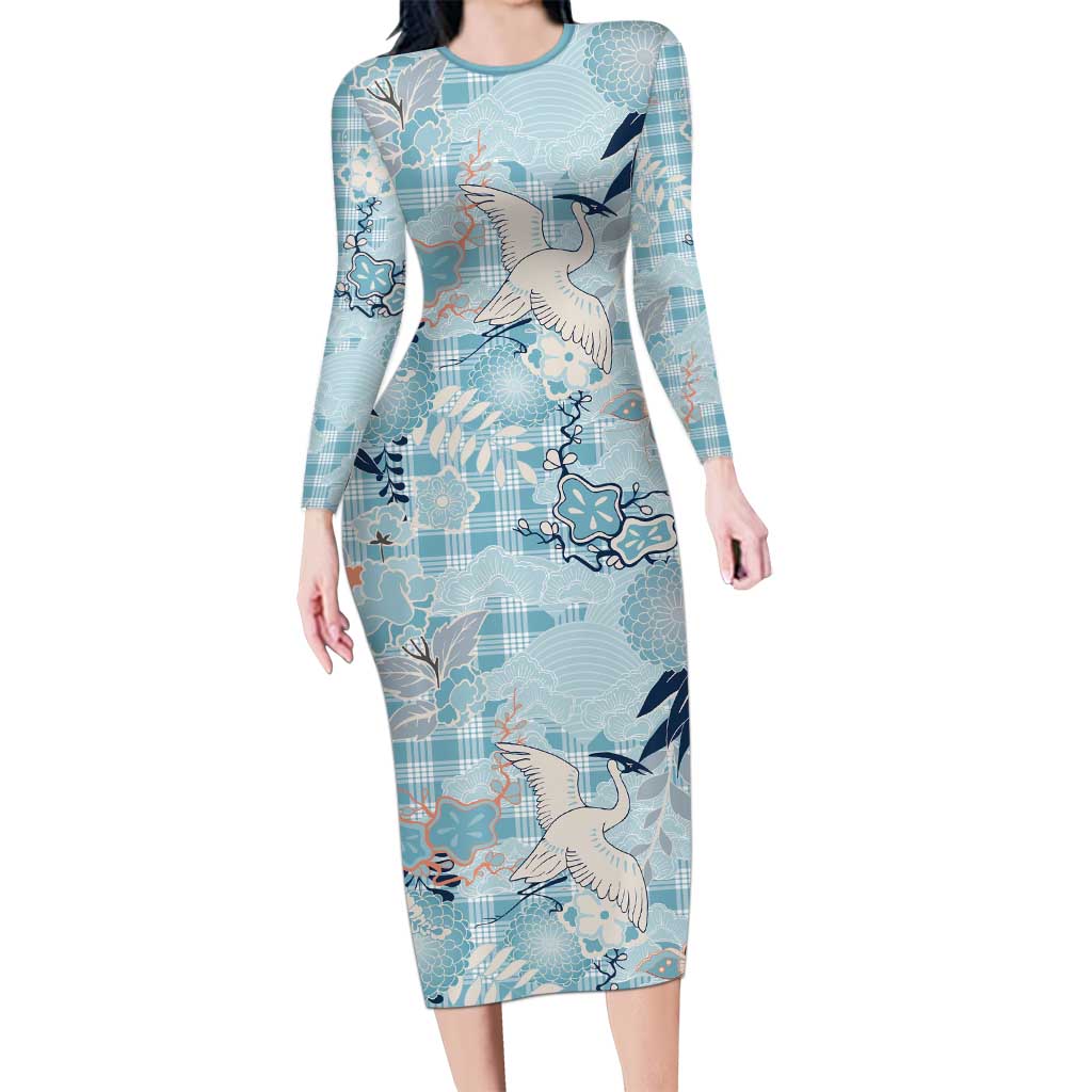 Blue Palaka Crane and Flowers Long Sleeve Bodycon Dress Japan Heritage Spirit LT9 Long Dress Blue - Polynesian Pride