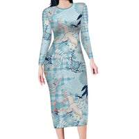 Blue Palaka Crane and Flowers Long Sleeve Bodycon Dress Japan Heritage Spirit LT9 Long Dress Blue - Polynesian Pride