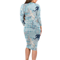 Blue Palaka Crane and Flowers Long Sleeve Bodycon Dress Japan Heritage Spirit LT9 - Polynesian Pride