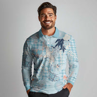 Blue Palaka Crane and Flowers Long Sleeve Polo Shirt Japan Heritage Spirit LT9 - Polynesian Pride