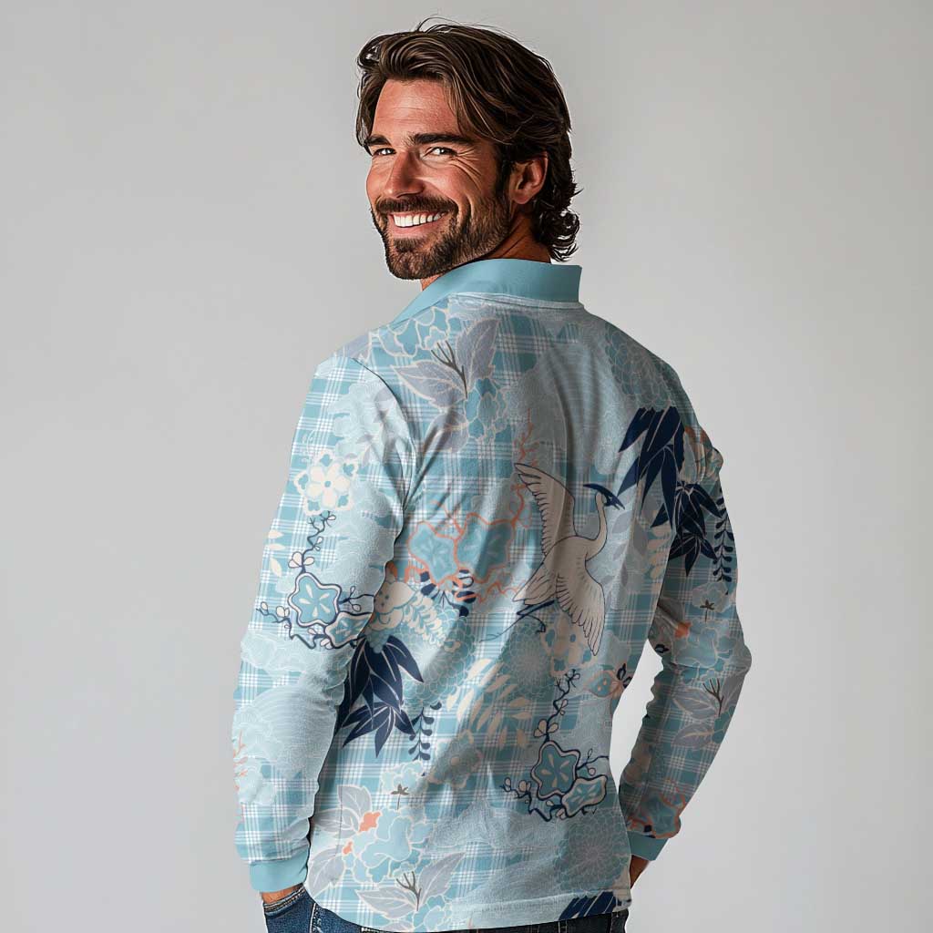 Blue Palaka Crane and Flowers Long Sleeve Polo Shirt Japan Heritage Spirit LT9 - Polynesian Pride
