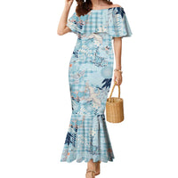 Blue Palaka Crane and Flowers Mermaid Dress Japan Heritage Spirit LT9 Women Blue - Polynesian Pride