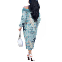 Blue Palaka Crane and Flowers Off The Shoulder Long Sleeve Dress Japan Heritage Spirit LT9 - Polynesian Pride