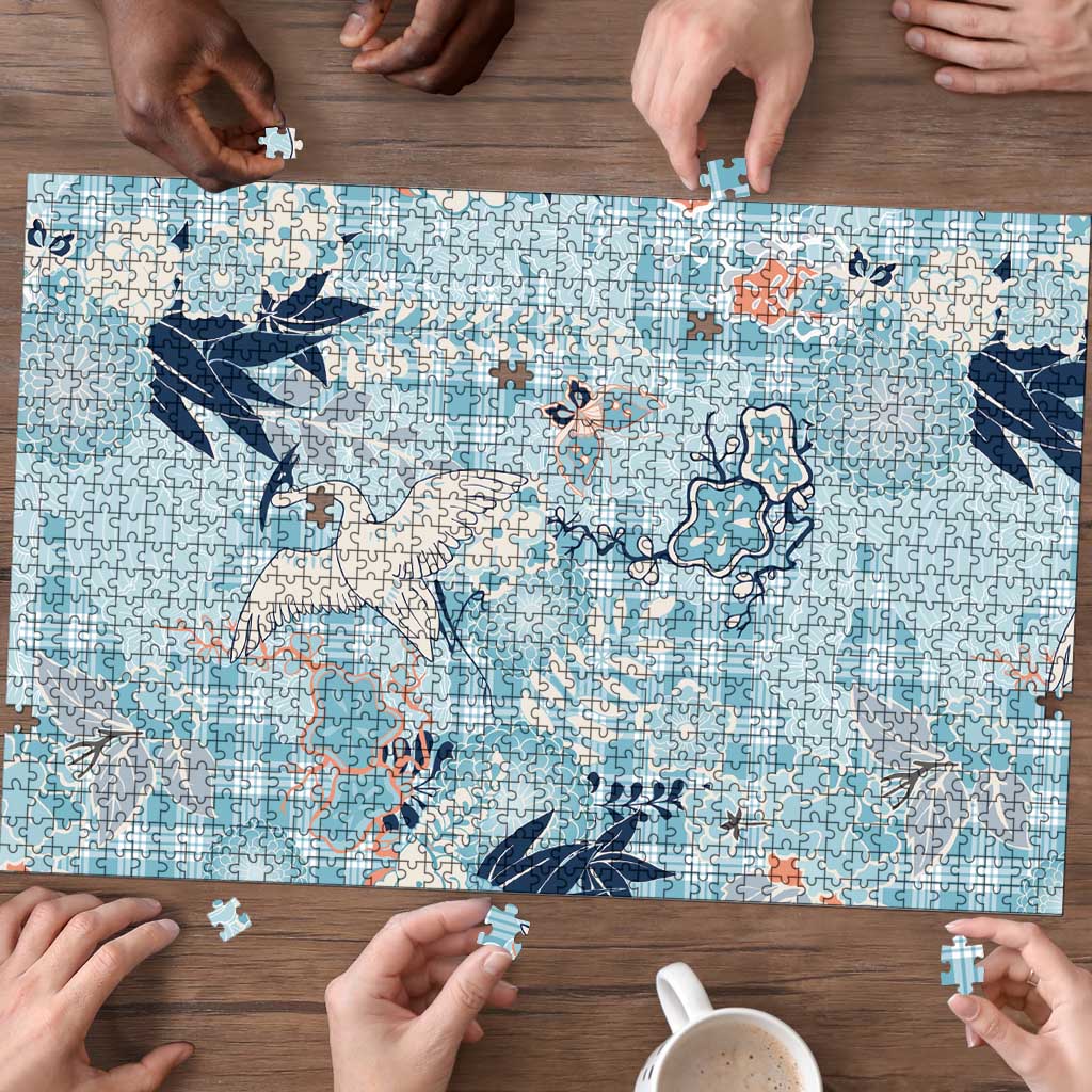 Blue Palaka Crane and Flowers Puzzle Japan Heritage Spirit - Polynesian Pride