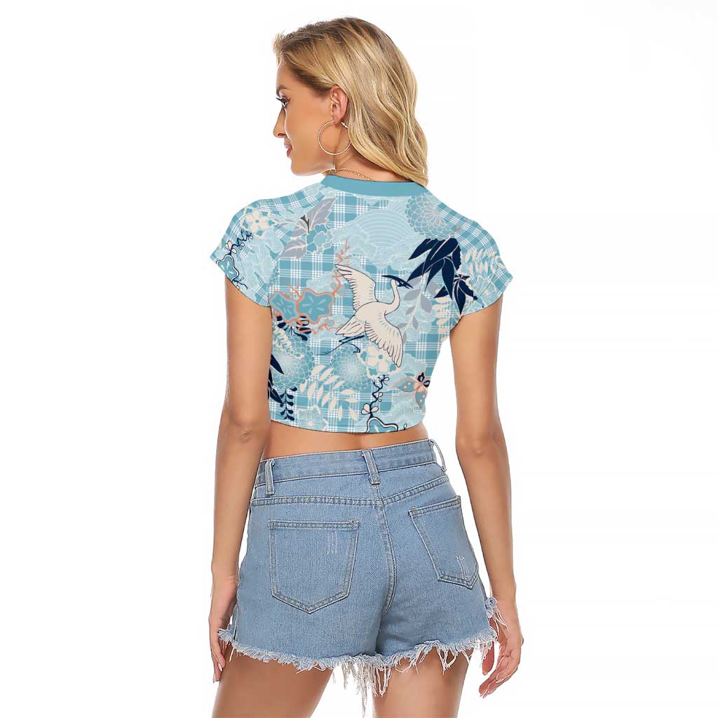 Blue Palaka Crane and Flowers Raglan Cropped T Shirt Japan Heritage Spirit - Polynesian Pride