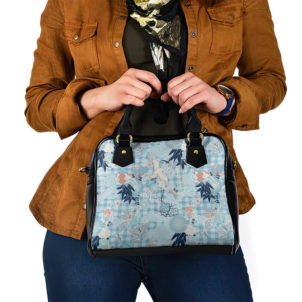 Blue Palaka Crane and Flowers Shoulder Handbag Japan Heritage Spirit - Polynesian Pride