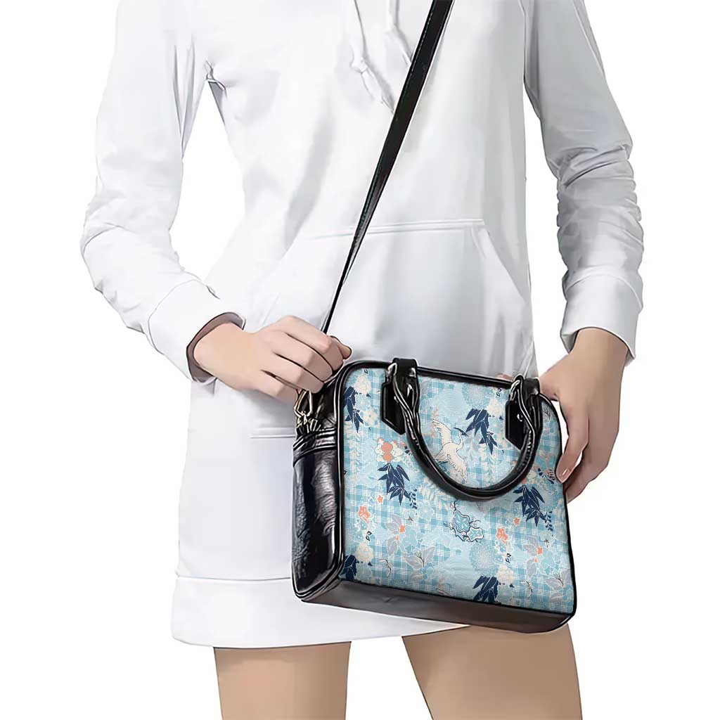 Blue Palaka Crane and Flowers Shoulder Handbag Japan Heritage Spirit - Polynesian Pride