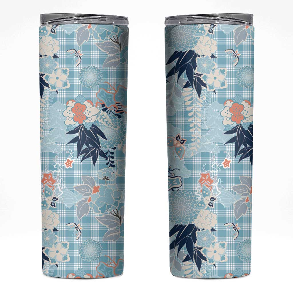 Blue Palaka Crane and Flowers Skinny Tumbler Japan Heritage Spirit LT9 Blue - Polynesian Pride