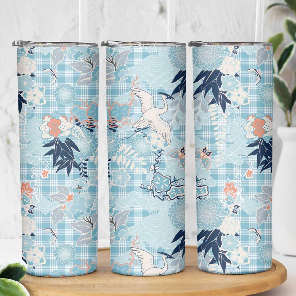 Blue Palaka Crane and Flowers Skinny Tumbler Japan Heritage Spirit LT9 - Polynesian Pride