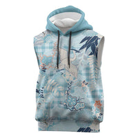 Blue Palaka Crane and Flowers Sleeveless Hoodie Japan Heritage Spirit LT9 Blue - Polynesian Pride