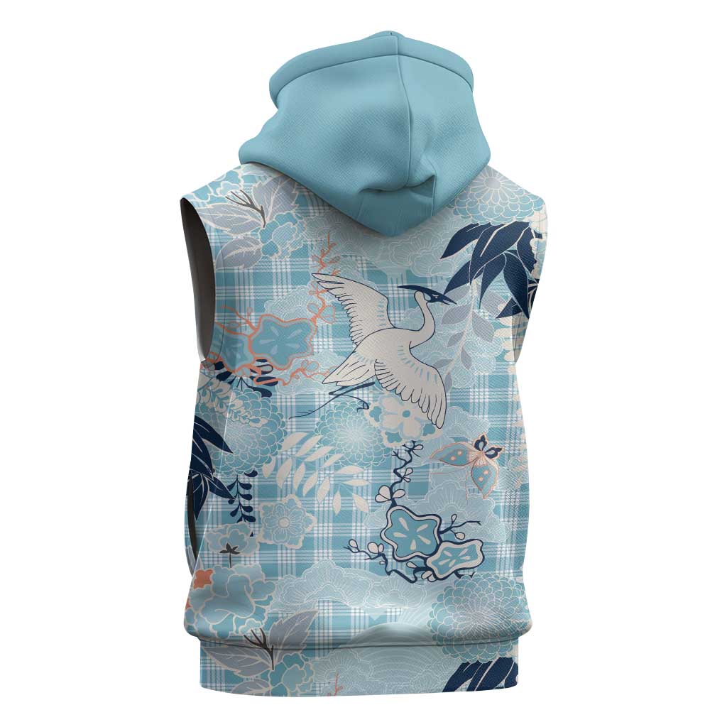 Blue Palaka Crane and Flowers Sleeveless Hoodie Japan Heritage Spirit LT9 - Polynesian Pride