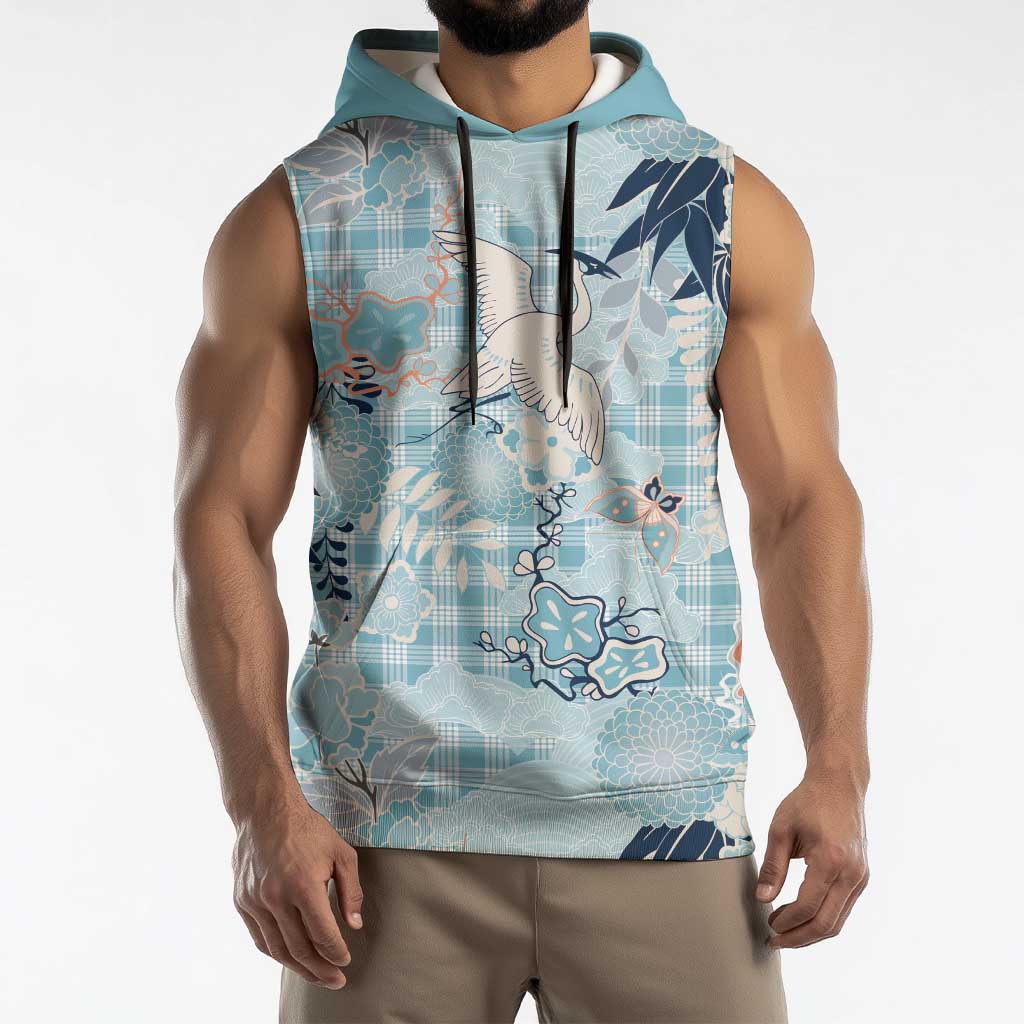 Blue Palaka Crane and Flowers Sleeveless Hoodie Japan Heritage Spirit LT9 - Polynesian Pride