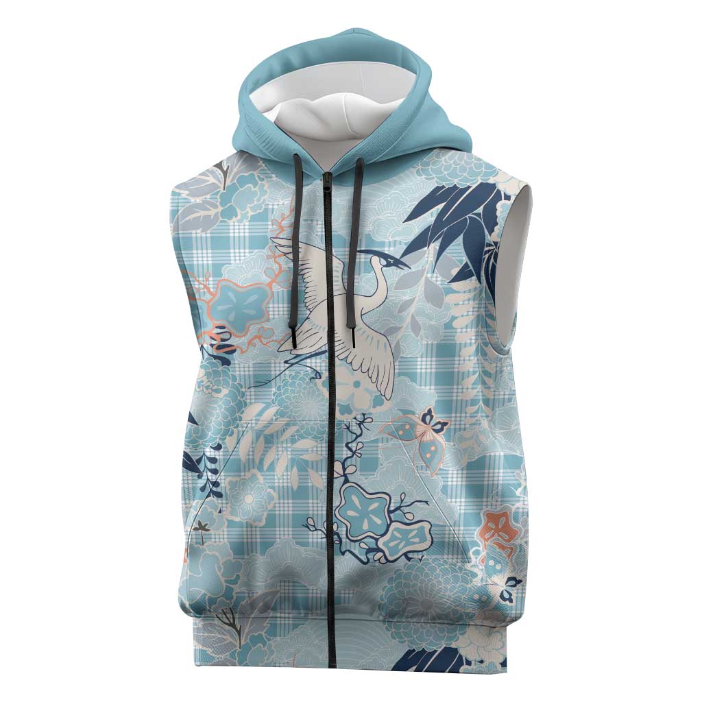Blue Palaka Crane and Flowers Sleeveless Zip Hoodie Japan Heritage Spirit LT9 Blue - Polynesian Pride