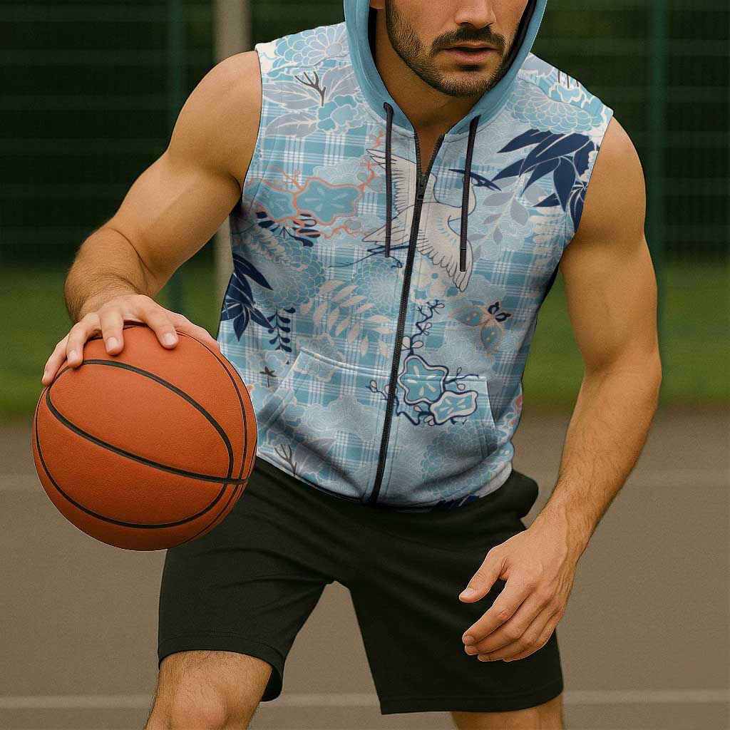 Blue Palaka Crane and Flowers Sleeveless Zip Hoodie Japan Heritage Spirit LT9 - Polynesian Pride