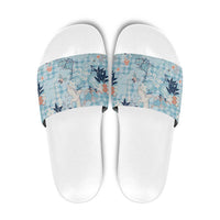 Blue Palaka Crane and Flowers Slide Sandals Japan Heritage Spirit - Polynesian Pride