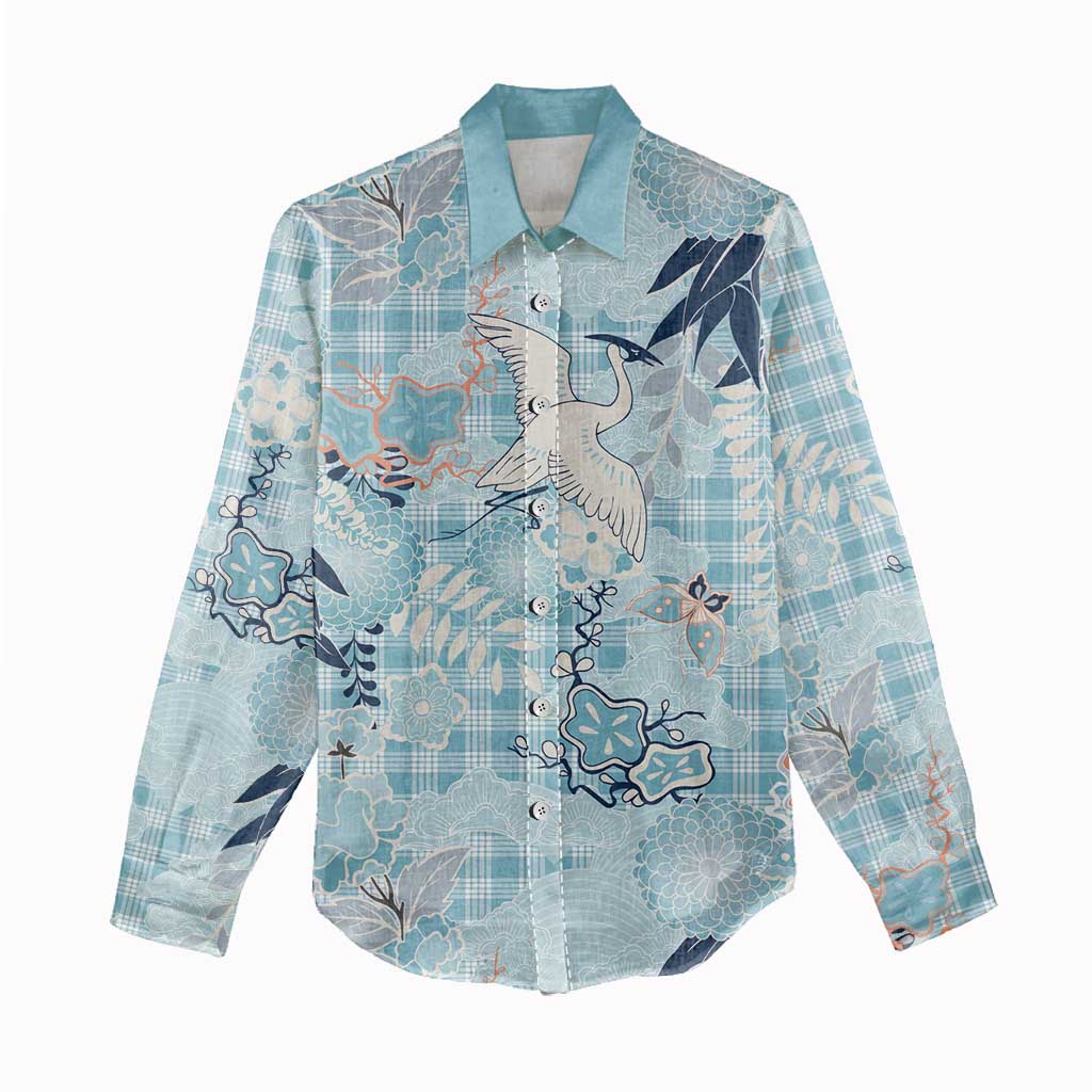 Blue Palaka Crane and Flowers Women Casual Shirt Japan Heritage Spirit - Polynesian Pride
