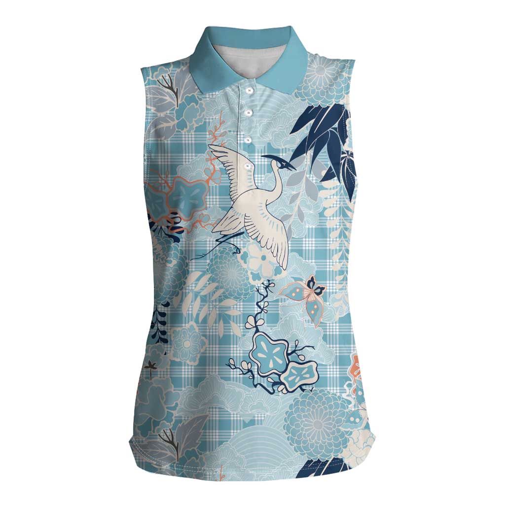 Blue Palaka Crane and Flowers Women Sleeveless Polo Shirt Japan Heritage Spirit LT9 Female Blue - Polynesian Pride