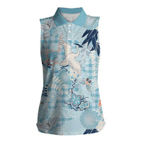 Blue Palaka Crane and Flowers Women Sleeveless Polo Shirt Japan Heritage Spirit LT9 Female Blue - Polynesian Pride