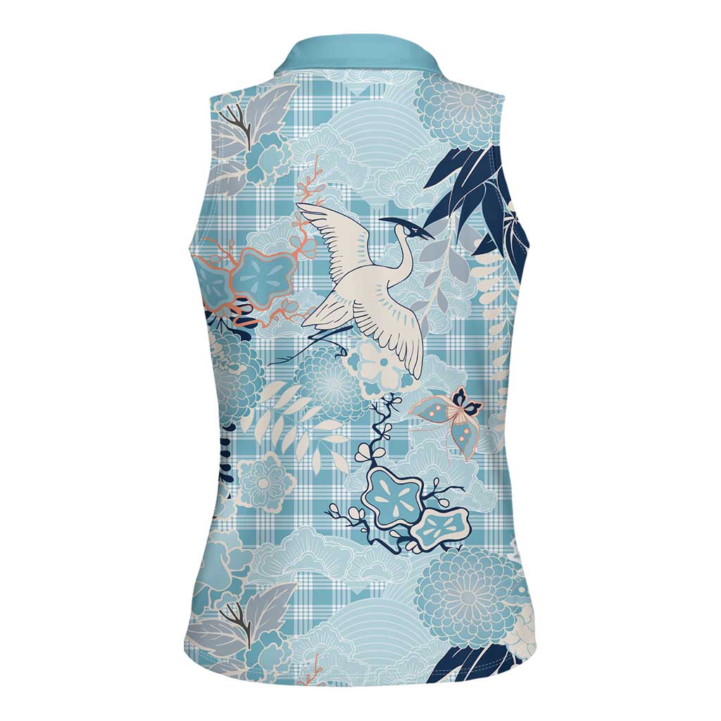 Blue Palaka Crane and Flowers Women Sleeveless Polo Shirt Japan Heritage Spirit LT9 - Polynesian Pride