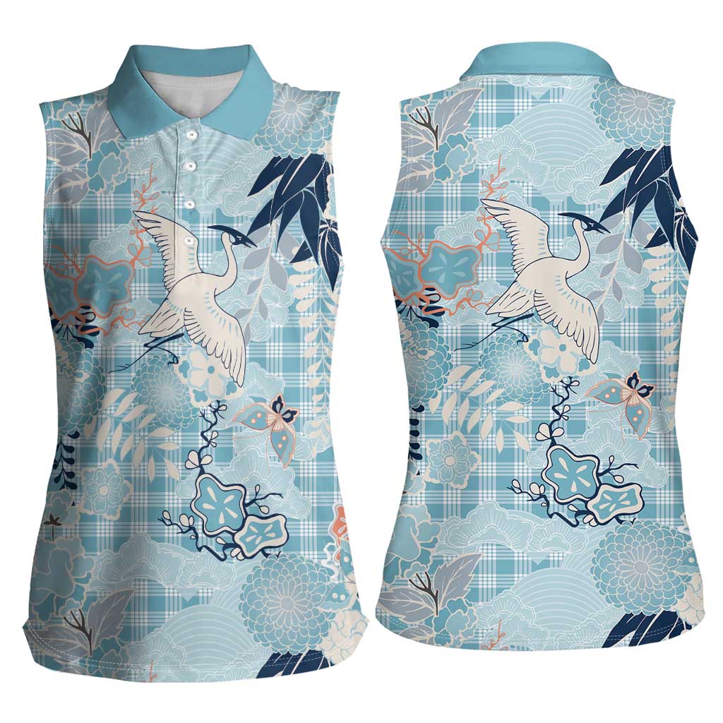 Blue Palaka Crane and Flowers Women Sleeveless Polo Shirt Japan Heritage Spirit LT9 - Polynesian Pride