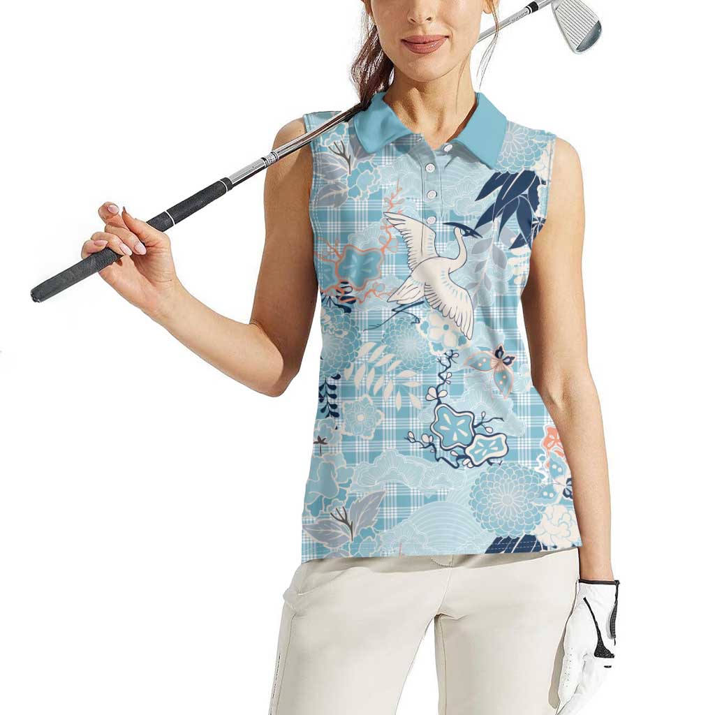 Blue Palaka Crane and Flowers Women Sleeveless Polo Shirt Japan Heritage Spirit LT9 - Polynesian Pride