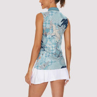 Blue Palaka Crane and Flowers Women Sleeveless Polo Shirt Japan Heritage Spirit LT9 - Polynesian Pride