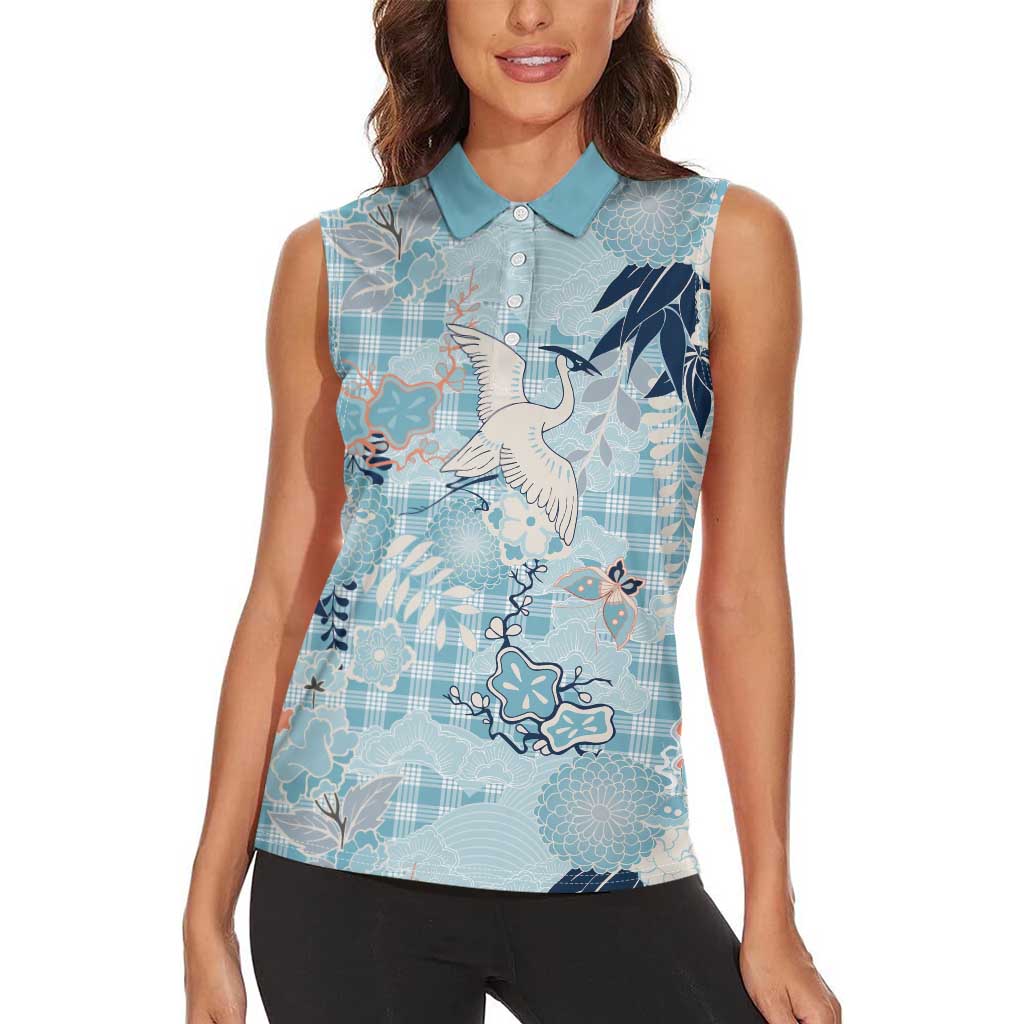 Blue Palaka Crane and Flowers Women Sleeveless Polo Shirt Japan Heritage Spirit LT9 - Polynesian Pride