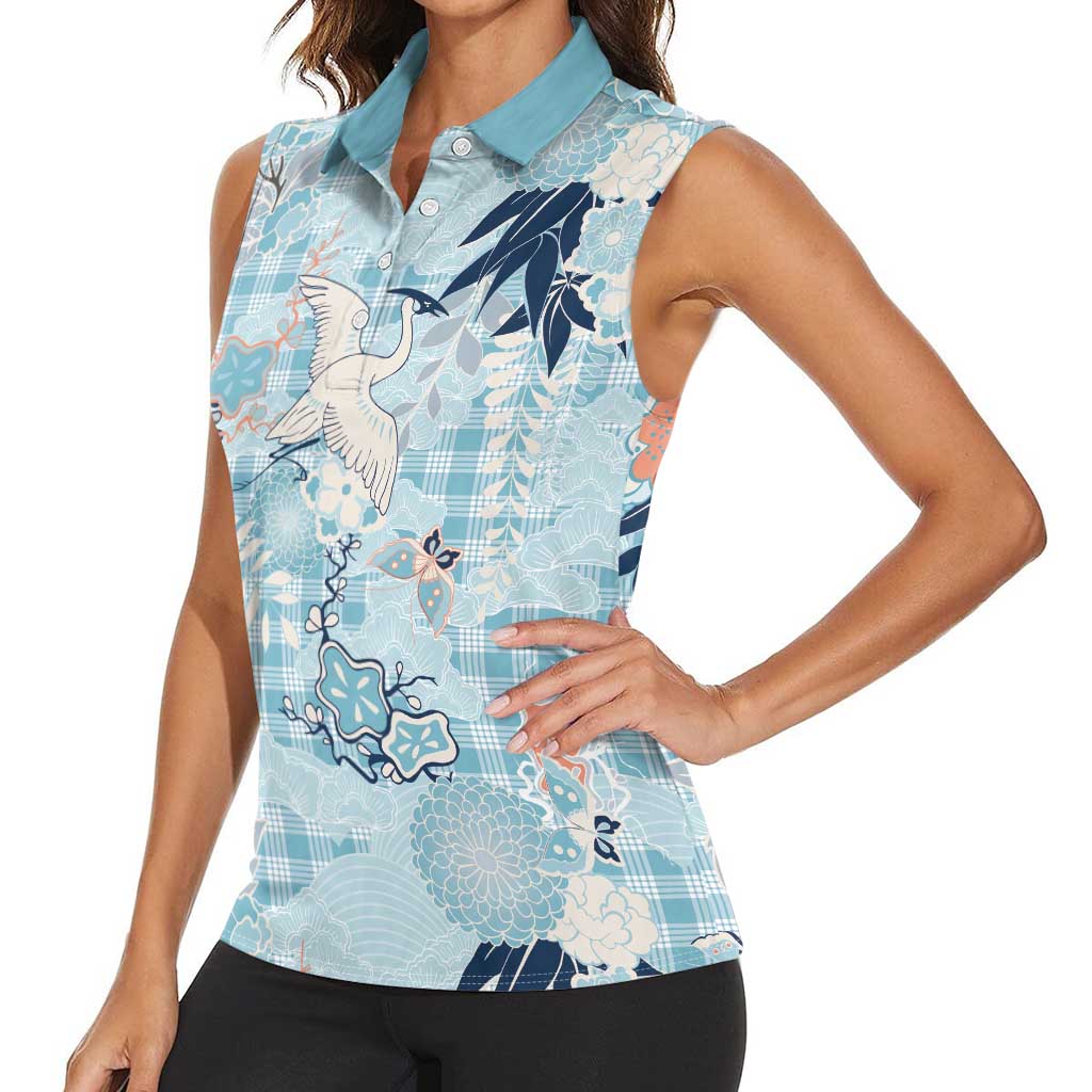 Blue Palaka Crane and Flowers Women Sleeveless Polo Shirt Japan Heritage Spirit LT9 - Polynesian Pride