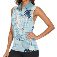 Blue Palaka Crane and Flowers Women Sleeveless Polo Shirt Japan Heritage Spirit LT9 - Polynesian Pride